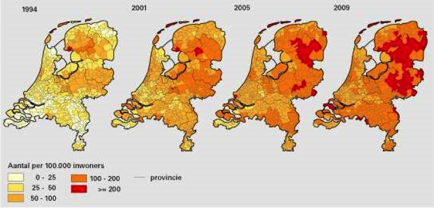 De geografische verdeling van huisartsconsulten voor erythema migrans per 100.000 inwoners van Nederland in 1994, 2001, 2005 en 2009